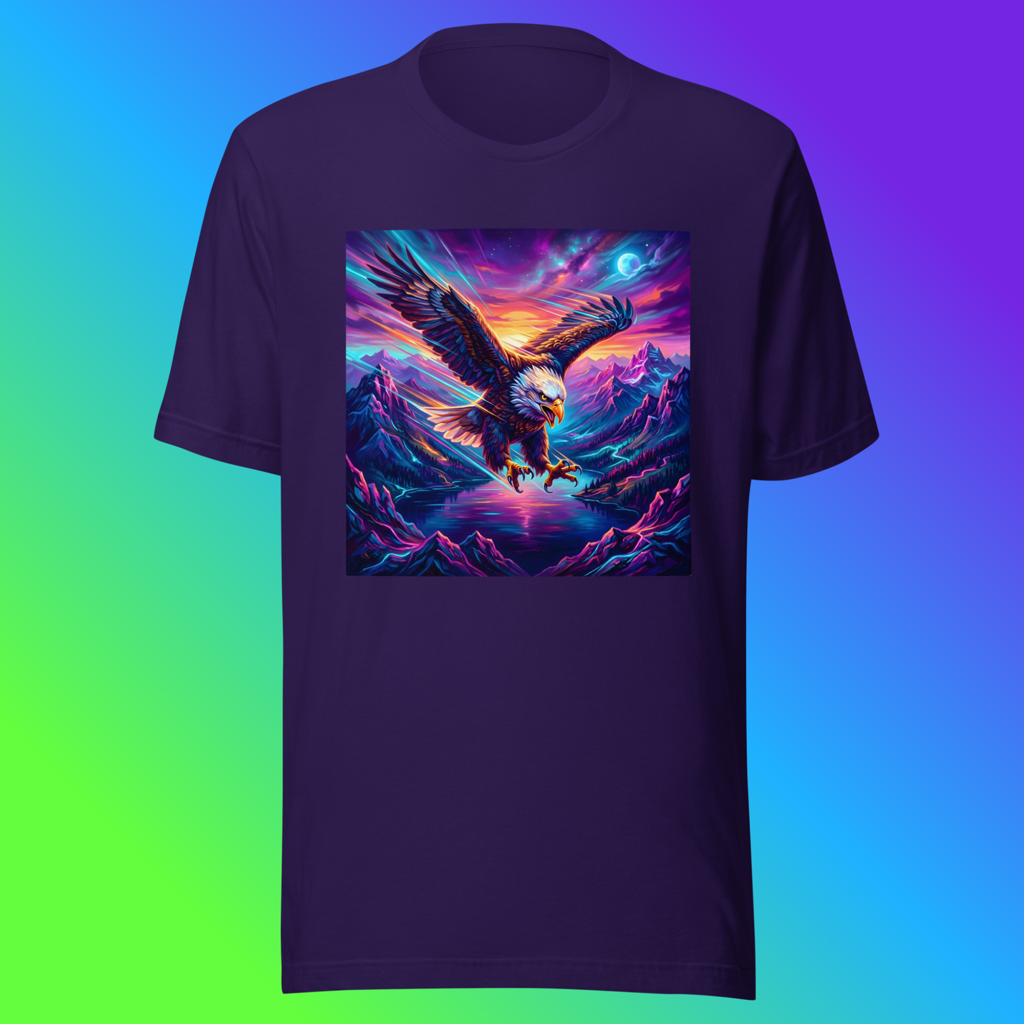 Elegant Eagle Unisex T-Shirt product shot — purple tee with bald eagle diving over neon purple mountain range with glowing blue moon and neon orange sunset sky on green, blue, and purple gradient background