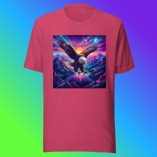 Elegant Eagle Unisex T-Shirt product shot — heather raspberry tee with bald eagle diving over neon purple mountain range with glowing blue moon and neon orange sunset sky on green, blue, and purple gradient background