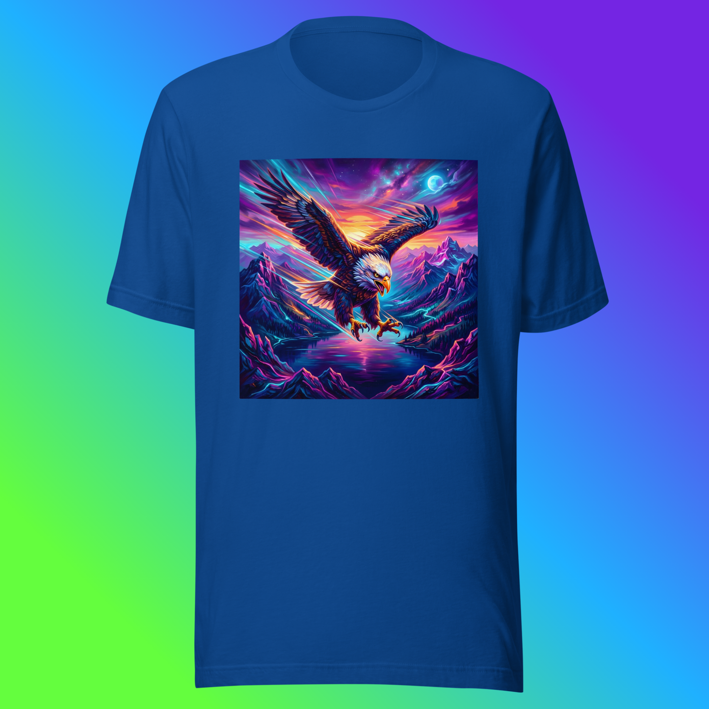 Elegant Eagle Unisex T-Shirt product shot — royal tee with bald eagle diving over neon purple mountain range with glowing blue moon and neon orange sunset sky on green, blue, and purple gradient background