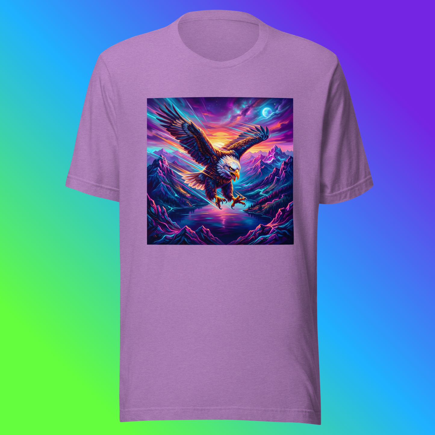 Elegant Eagle Unisex T-Shirt product shot — heather team purple tee with bald eagle diving over neon purple mountain range with glowing blue moon and neon orange sunset sky on green, blue, and purple gradient background