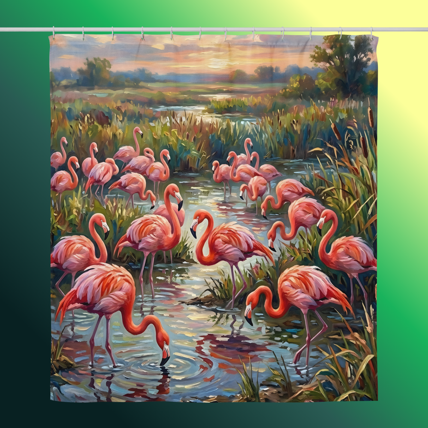 Flock & Flow Shower Curtain hanging flat showing a painterly flock of pink flamingos wading through a wetland marsh at sunset with cattails, reeds, and golden sky reflections