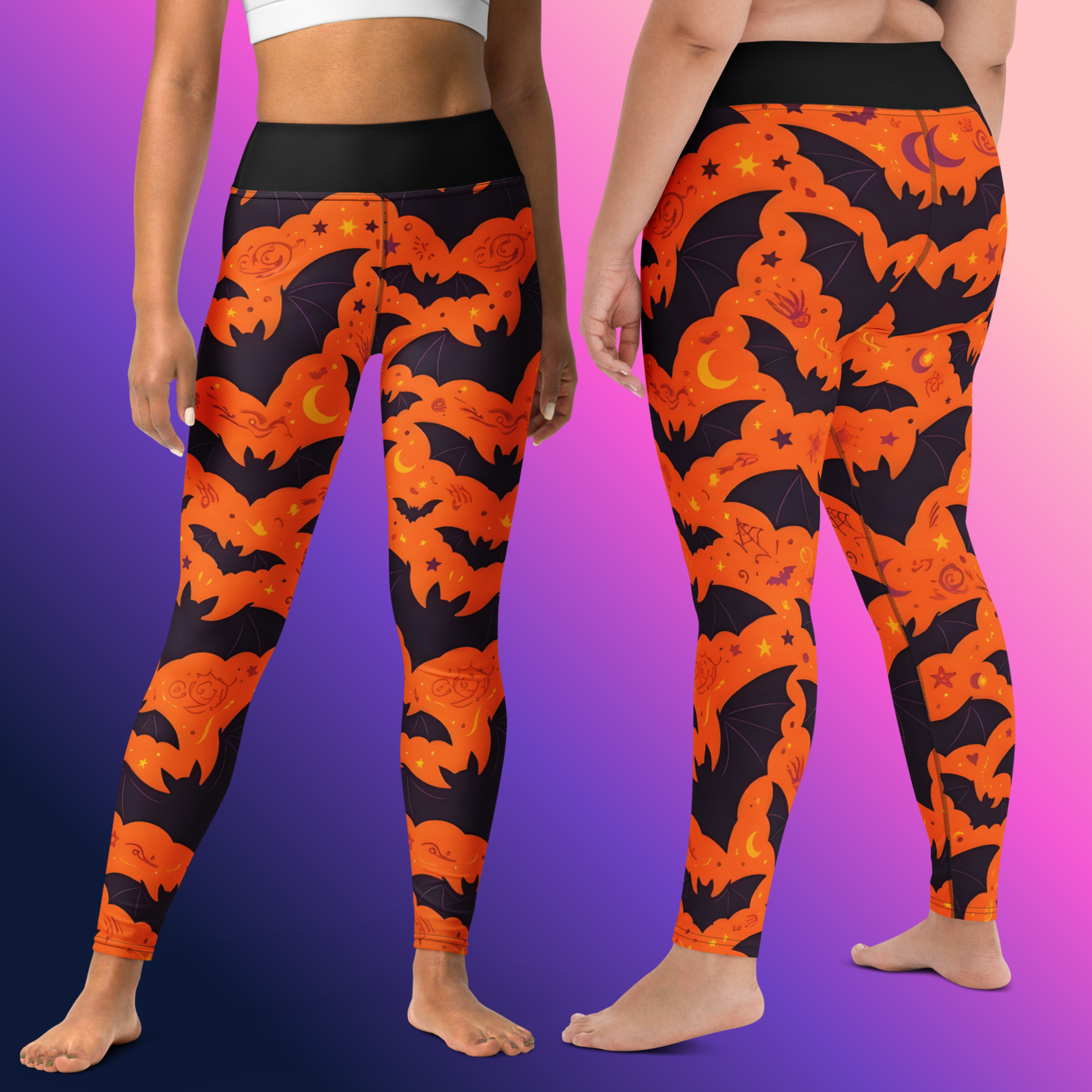 Fright Night Yoga Leggings hero product shot — side-by-side front and back on-model views showing all-over print of orange Halloween bats flying through dark navy clouds with crescent moon stars and spider web details and black high-waist band against purple to pink gradient background