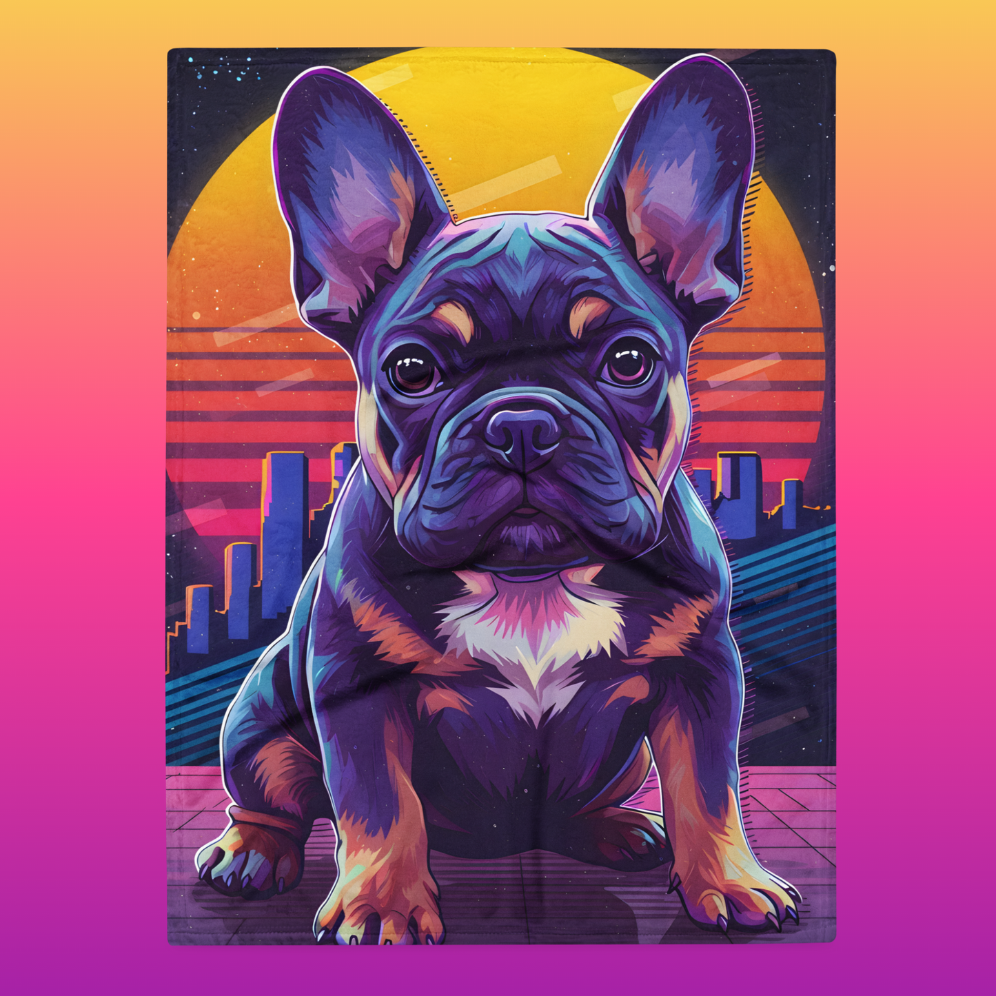 Funky French Bulldog throw blanket 30x40 product shot — neon synthwave French bulldog puppy with purple coat and big ears against retro sunset city skyline with white sherpa backing on pink-to-orange gradient background