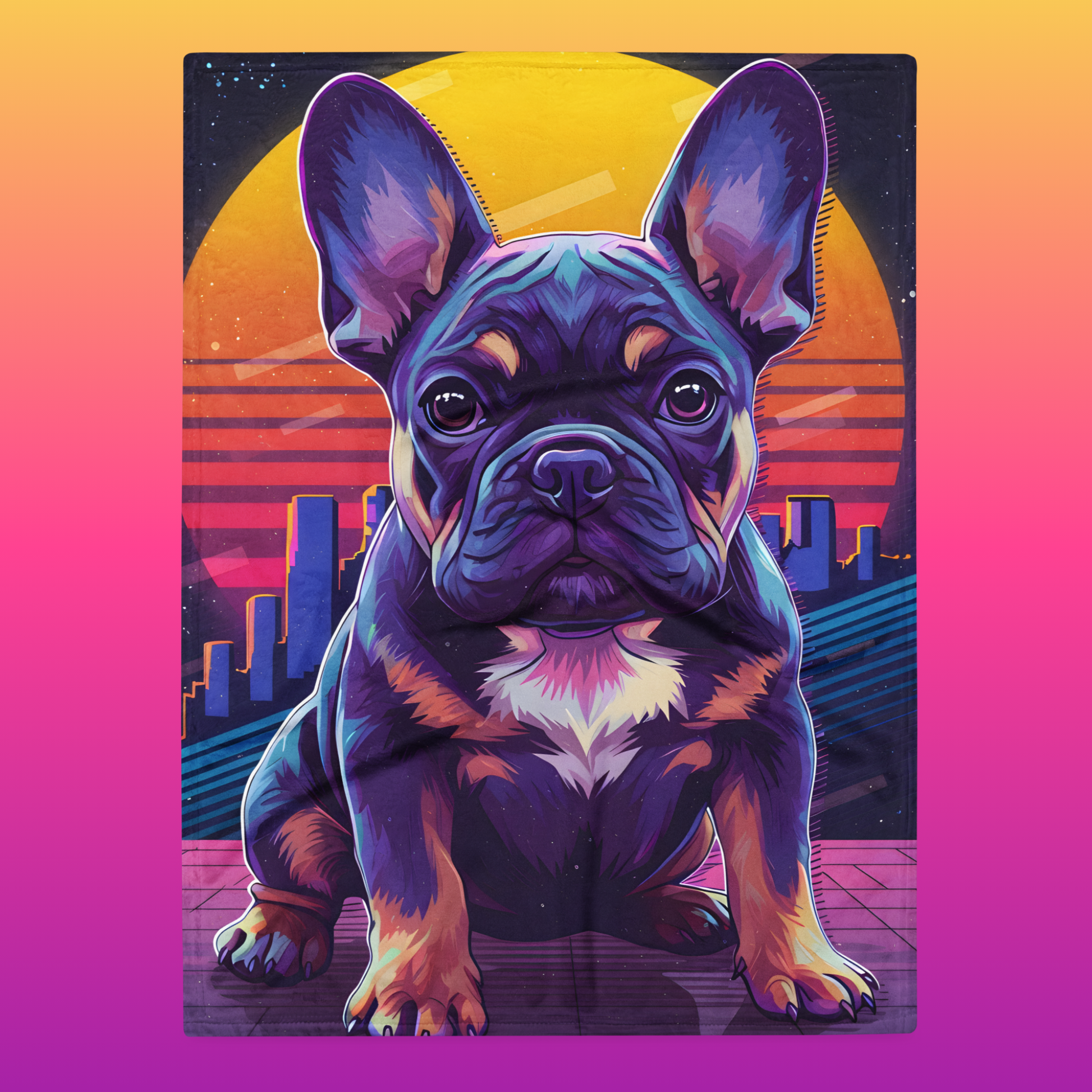 Funky French Bulldog throw blanket 30x40 product shot — neon synthwave French bulldog puppy with purple coat and big ears against retro sunset city skyline with white sherpa backing on pink-to-orange gradient background