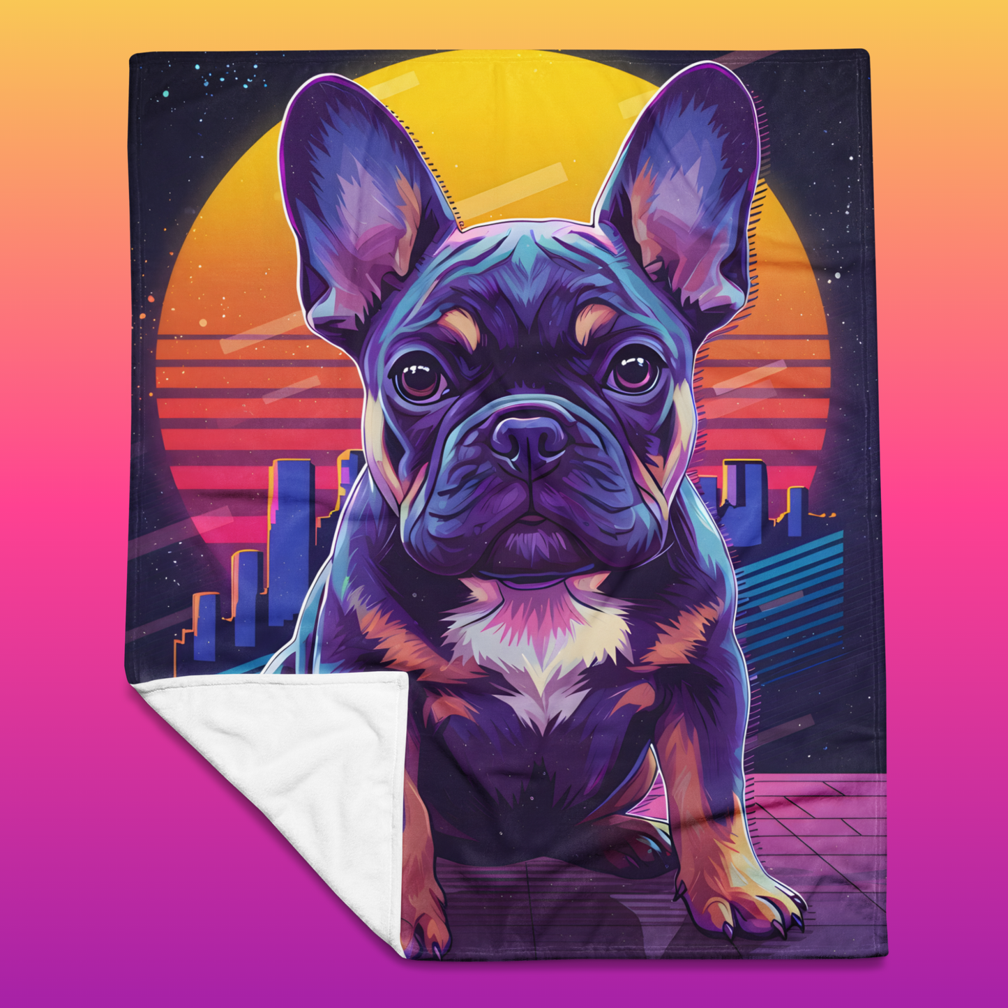 Funky French Bulldog throw blanket 50x60 product shot — neon synthwave French bulldog puppy with purple coat and big ears against retro sunset city skyline with white sherpa backing on pink-to-orange gradient background