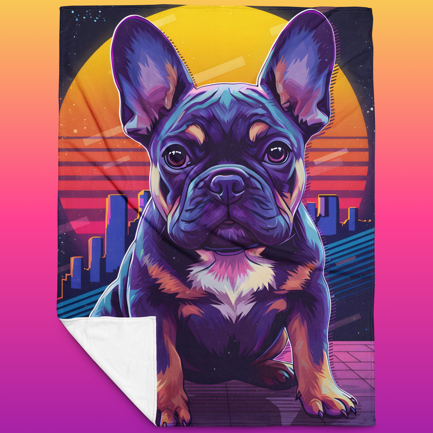 Funky French Bulldog throw blanket 60x80 product shot — neon synthwave French bulldog puppy with purple coat and big ears against retro sunset city skyline with white sherpa backing on pink-to-orange gradient background