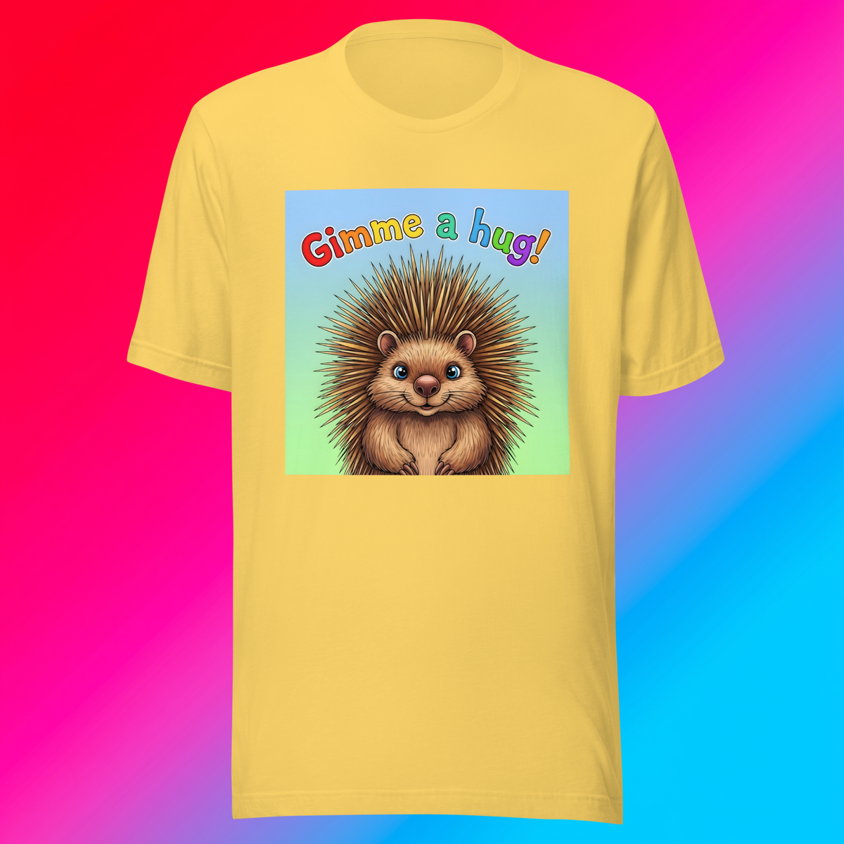 Gimme A Hug! Unisex T-Shirt product shot — yellow tee with cute smiling hedgehog and rainbow Gimme a hug! text on blue-to-green gradient panel on red-to-light blue gradient background