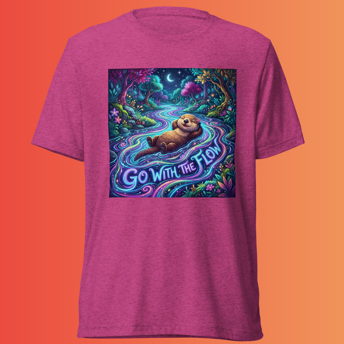 Berry Go With The Flow T-shirt with an otter floating beneath a crescent moon in a colorful forest stream and “Go With The Flow” lettering.