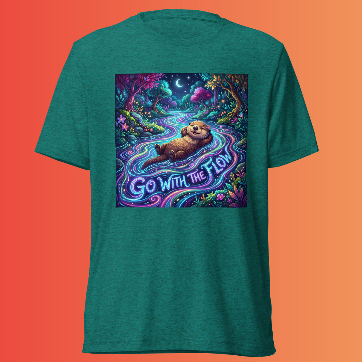 Teal Go With The Flow T-shirt featuring a relaxed otter floating in a luminous, winding stream with “Go With The Flow” lettering.