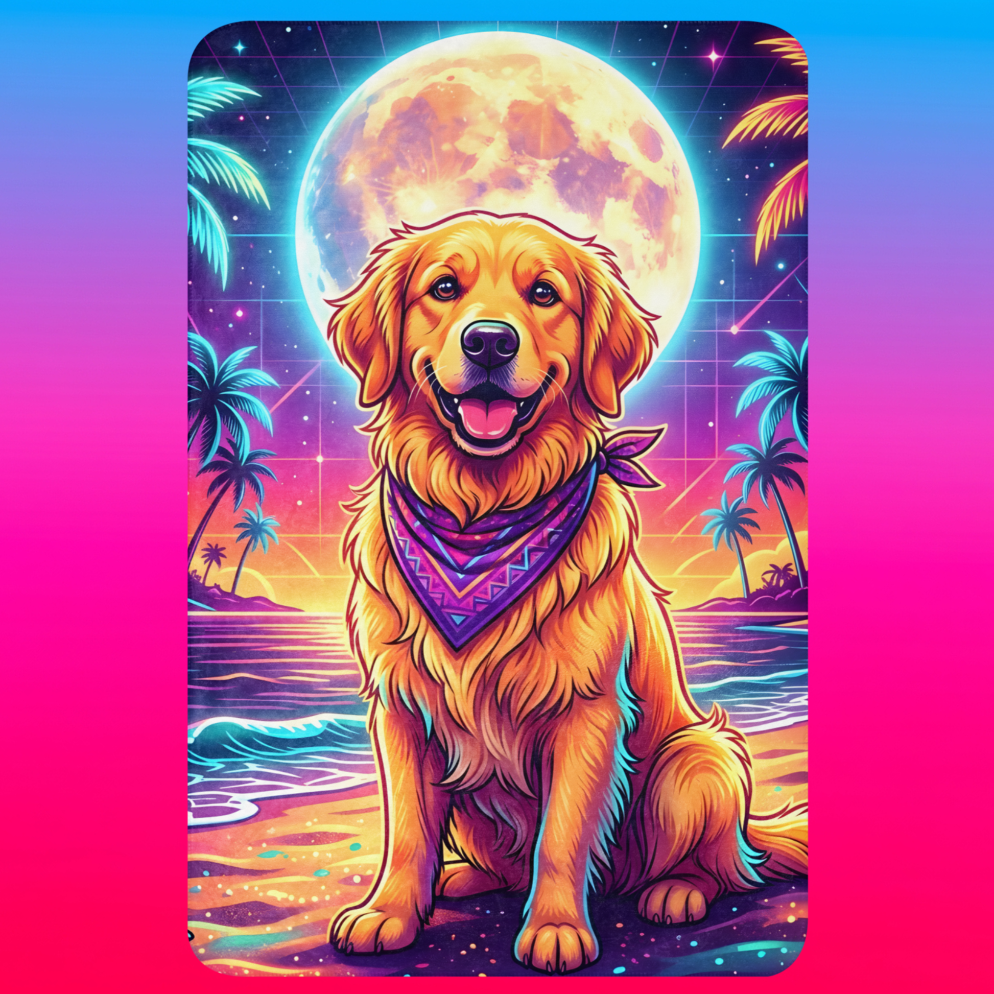 Golden Moonlight Sherpa Blanket 37x57 product shot — smiling golden retriever with purple bandana seated on neon synthwave beach with full moon palm trees and retro grid night sky with tan sherpa backing on blue-to-pink gradient background