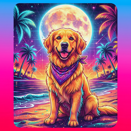 Golden Moonlight Sherpa Blanket 50x60 product shot — smiling golden retriever with purple bandana seated on neon synthwave beach with full moon palm trees and retro grid night sky with tan sherpa backing on blue-to-pink gradient background