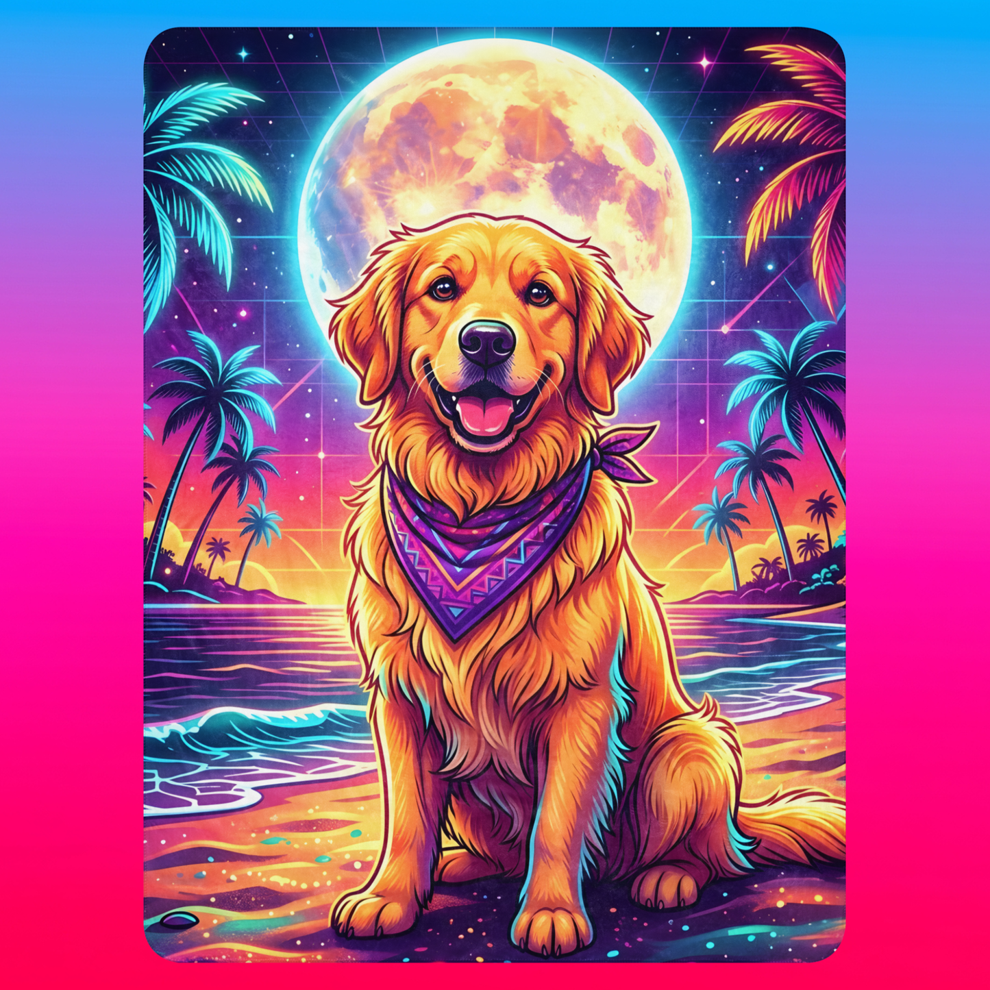 Golden Moonlight Sherpa Blanket 60x80 product shot — smiling golden retriever with purple bandana seated on neon synthwave beach with full moon palm trees and retro grid night sky with tan sherpa backing on blue-to-pink gradient background