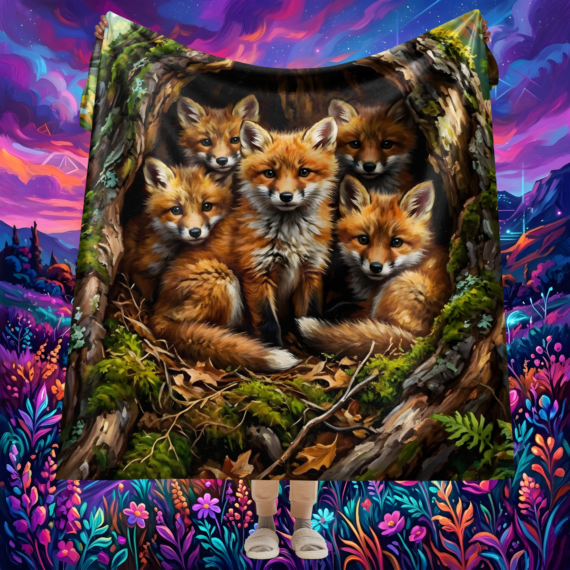 Home Is Where The Den Is Sherpa Blanket product shot — 60x80 blanket draped showing fox family den scene with red fox kits nestled in mossy hollow log surrounded by ferns autumn leaves and forest undergrowth on dark background