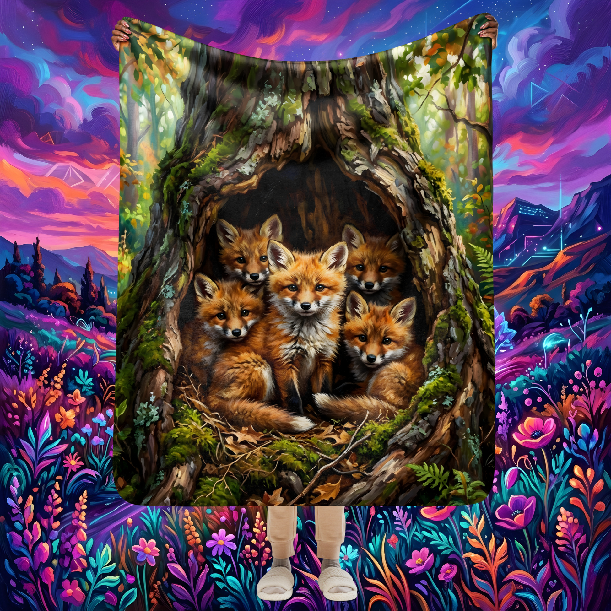 Home Is Where The Den Is Sherpa Blanket hero lifestyle shot — person holding up blanket displaying five red fox kits nestled together in mossy hollow tree trunk den against neon synthwave landscape backdrop with purple pink sky glowing wildflower meadow and mountain background