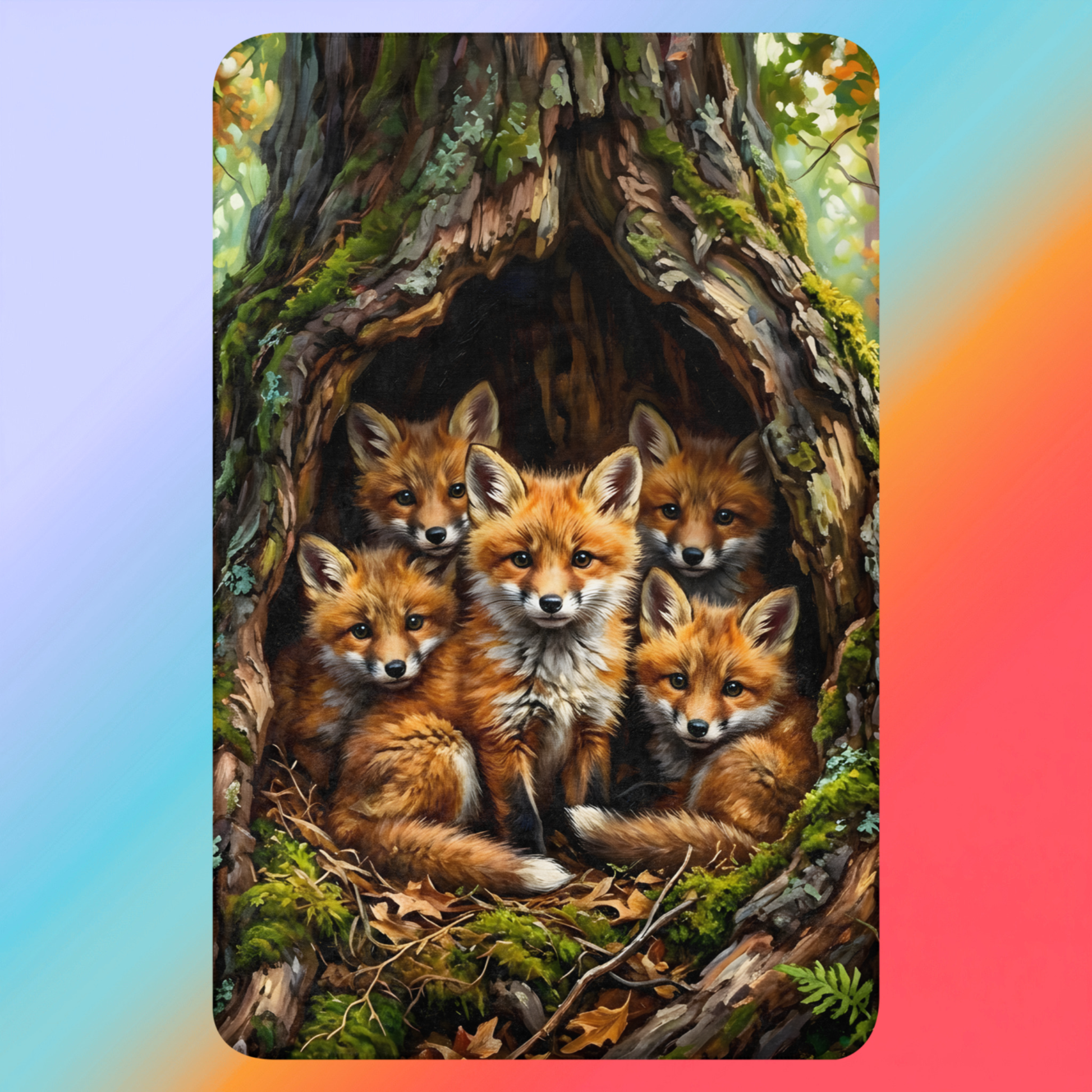 Home Is Where The Den Is Sherpa Blanket product shot — 37x57 blanket laid flat showing fox family den scene with red fox kits nestled in mossy hollow log surrounded by ferns autumn leaves and forest undergrowth on dark background