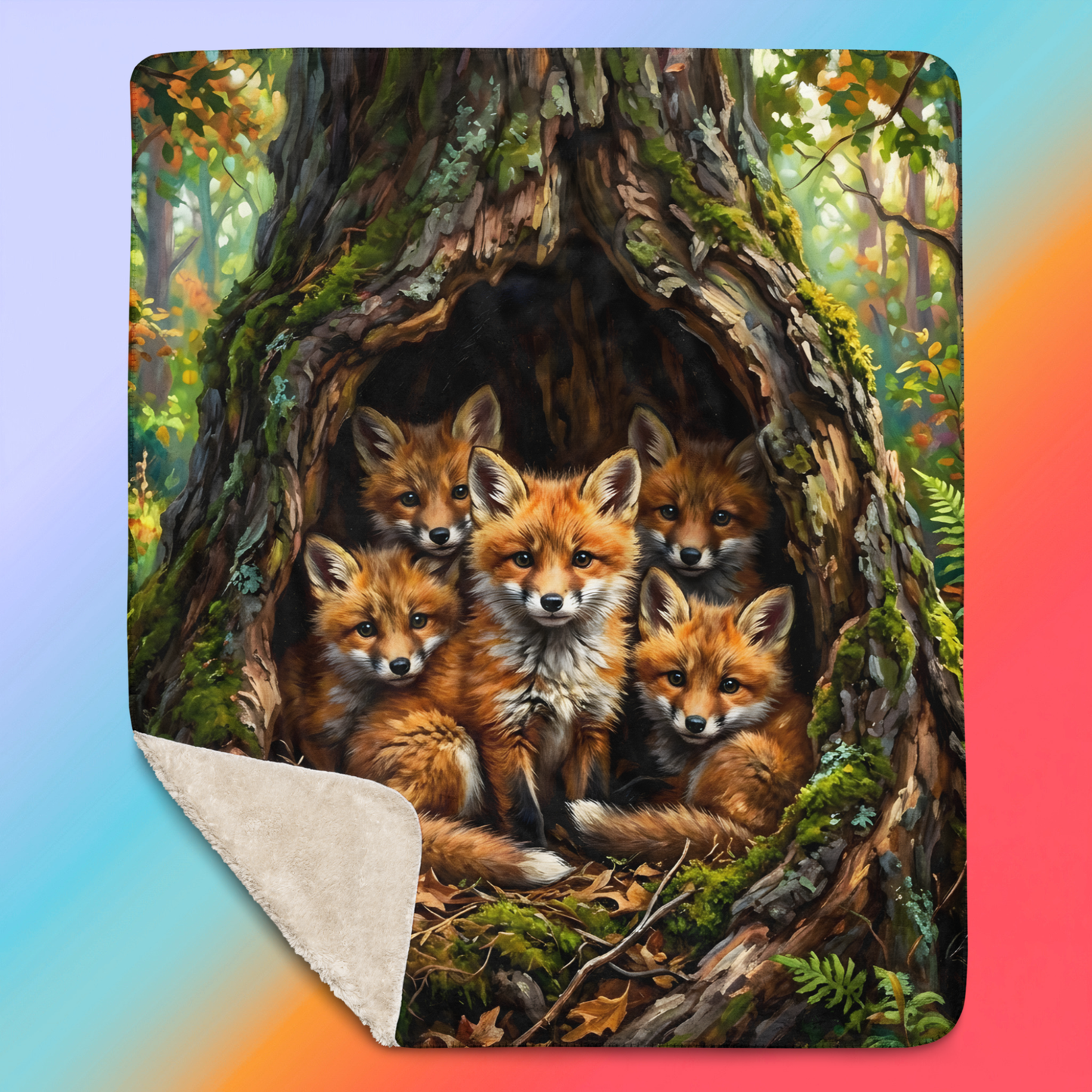 Home Is Where The Den Is Sherpa Blanket product shot — 50x60 blanket laid flat showing fox family den scene with red fox kits nestled in mossy hollow log surrounded by ferns autumn leaves and forest undergrowth on dark background