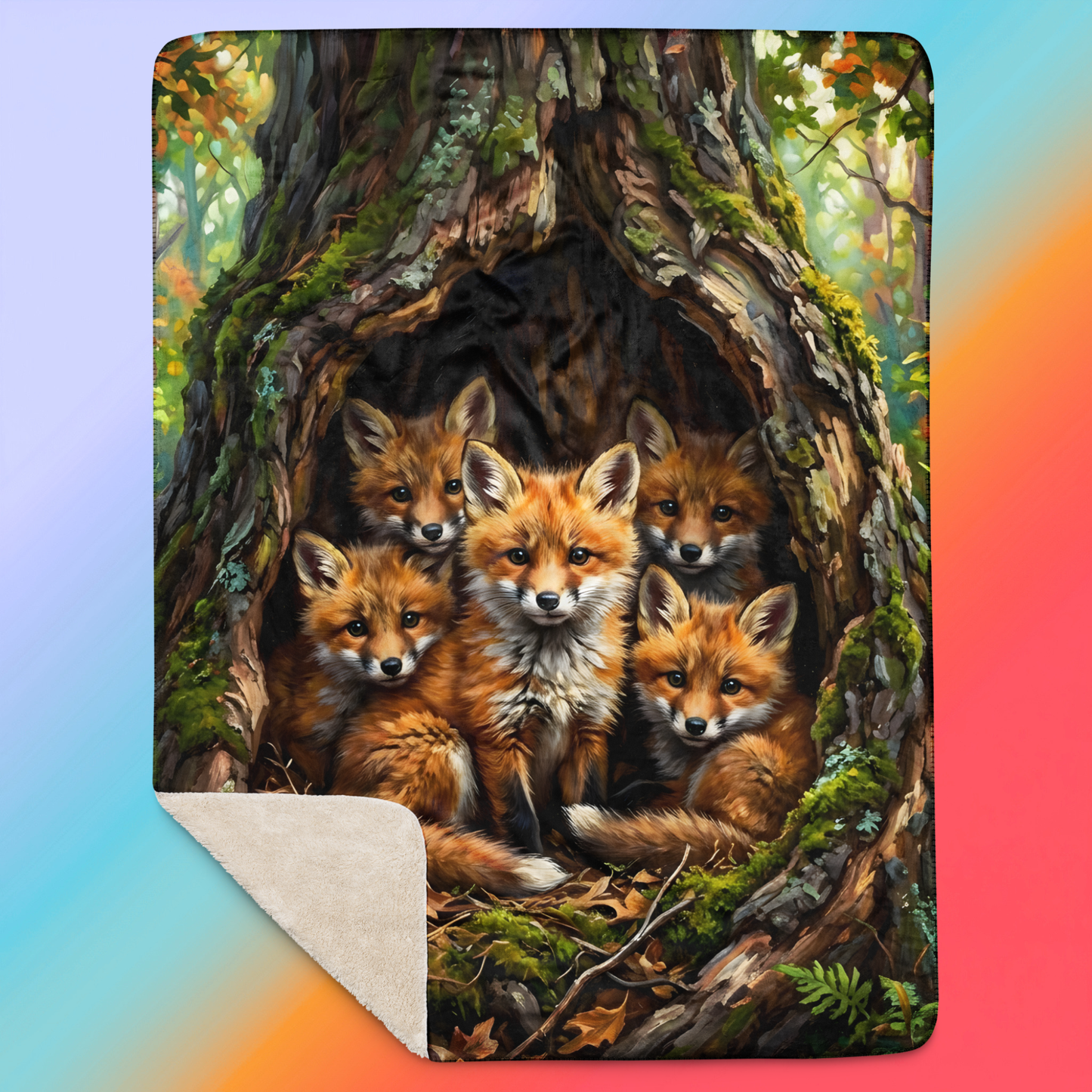 Home Is Where The Den Is Sherpa Blanket product shot — 60x80 blanket laid flat showing fox family den scene with red fox kits nestled in mossy hollow log surrounded by ferns autumn leaves and forest undergrowth on dark background