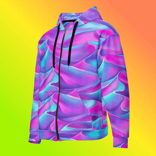 Liquid Neon zip hoodie hero ghost layout — purple and blue liquid wave all-over print on yellow gradient background