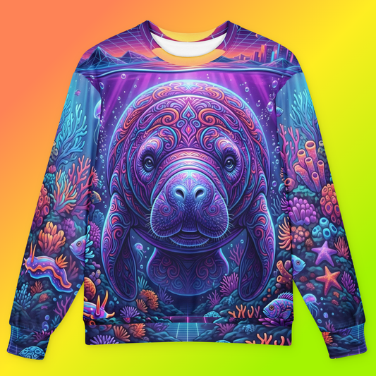Mandalatee Oversized Sweatshirt front view featuring a close-up mandala-patterned manatee with intricate swirling tattoo-style designs on its face, surrounded by a neon coral reef with tropical fish, starfish, sea slug, and glowing purple underwater rays