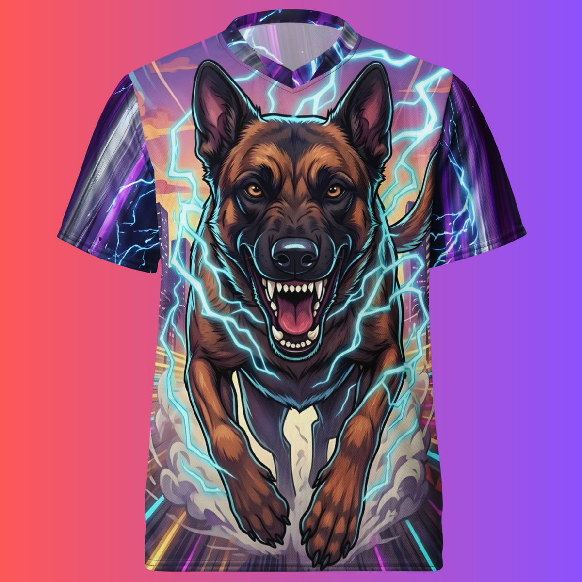 Malinois Mayhem V-neck sports jersey featuring a Belgian Malinois charging through cyan lightning, with purple patterned sleeves against a pink-and-purple background.