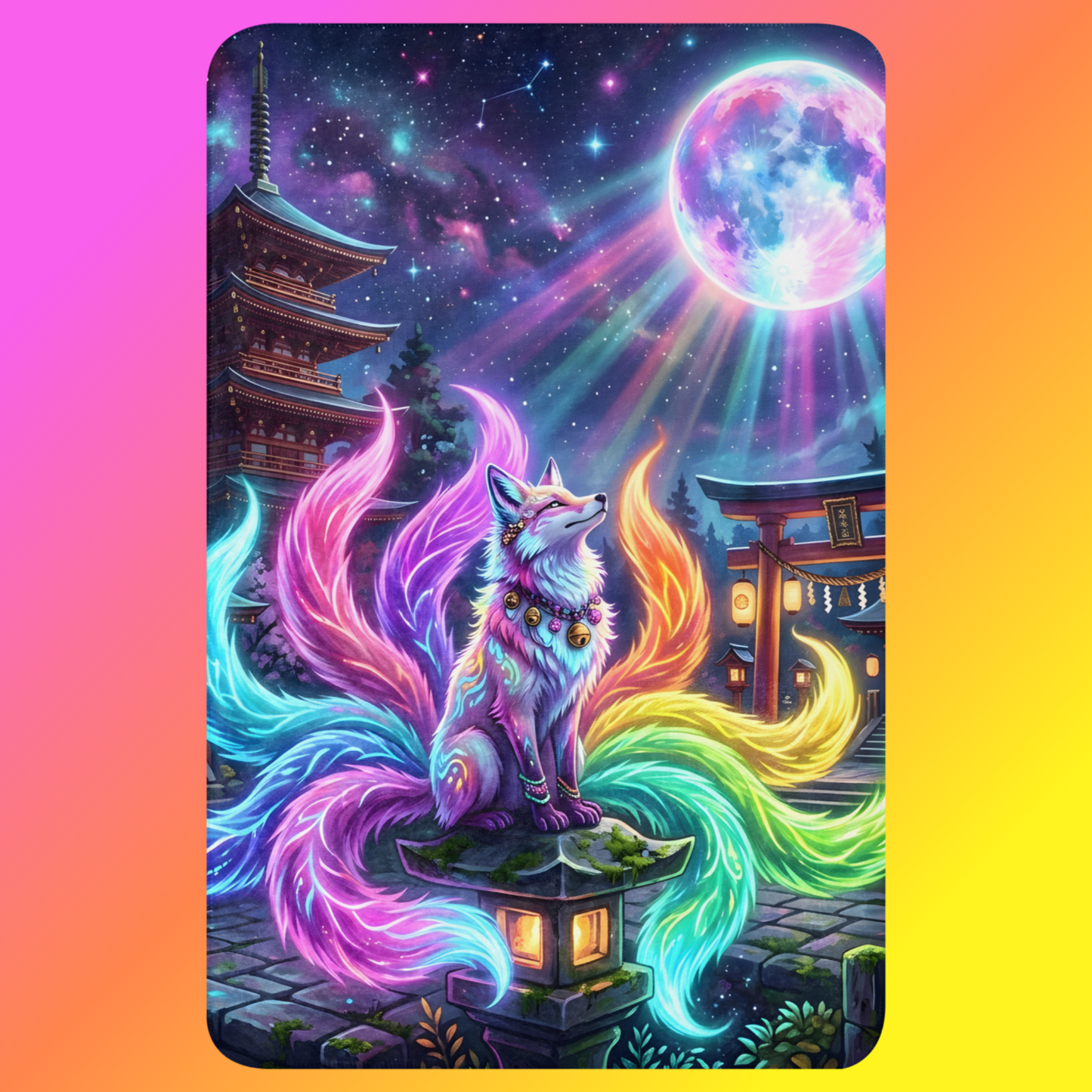 Lunar Kitsune Sherpa Blanket 37x57 product shot — white nine-tailed kitsune with rainbow neon tails seated on stone lantern gazing at glowing full moon with Japanese shrine torii gate and pagoda in starry night sky with tan sherpa backing on deep purple gradient background