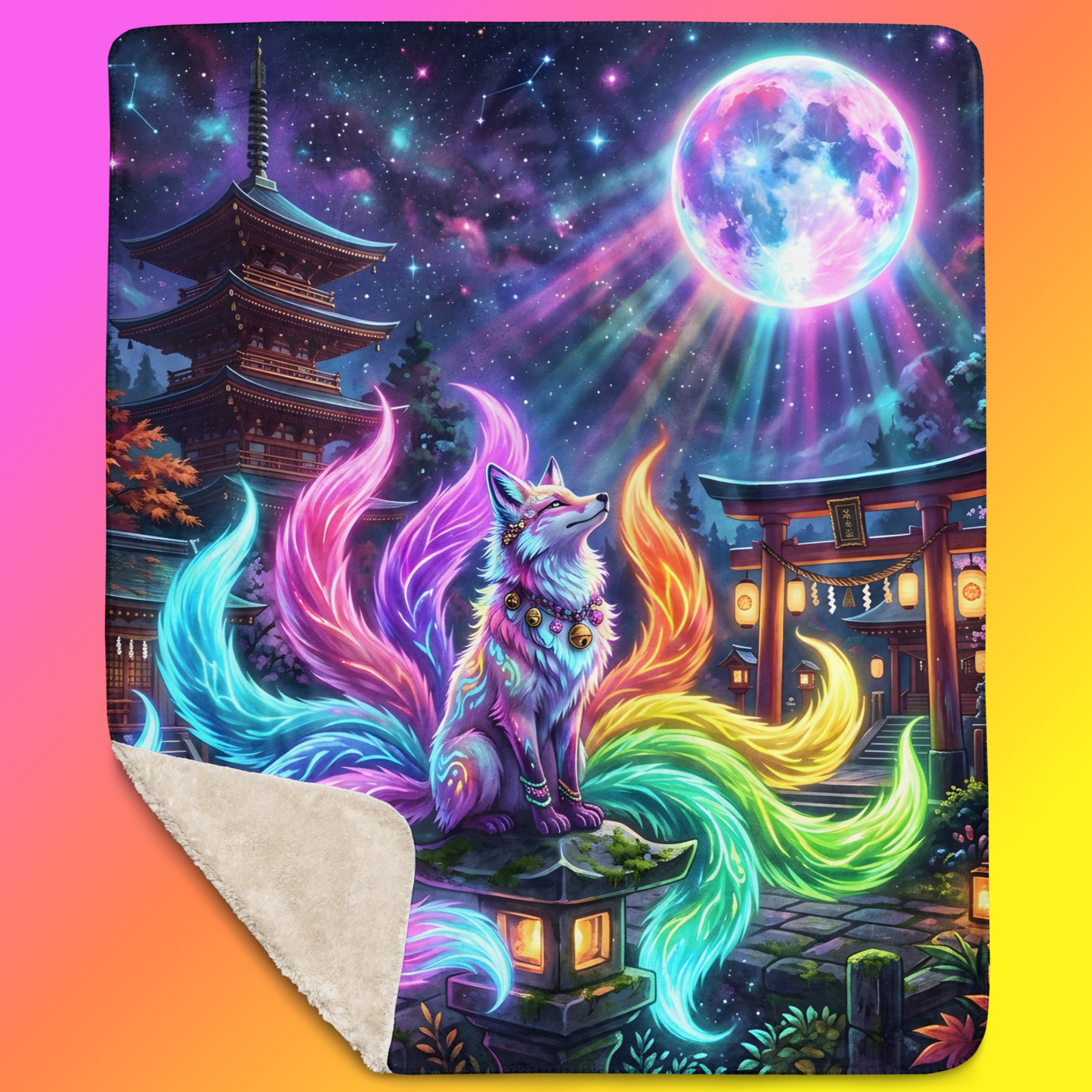 Lunar Kitsune Sherpa Blanket 50x60 product shot — white nine-tailed kitsune with rainbow neon tails seated on stone lantern gazing at glowing full moon with Japanese shrine torii gate and pagoda in starry night sky with tan sherpa backing on deep purple gradient background