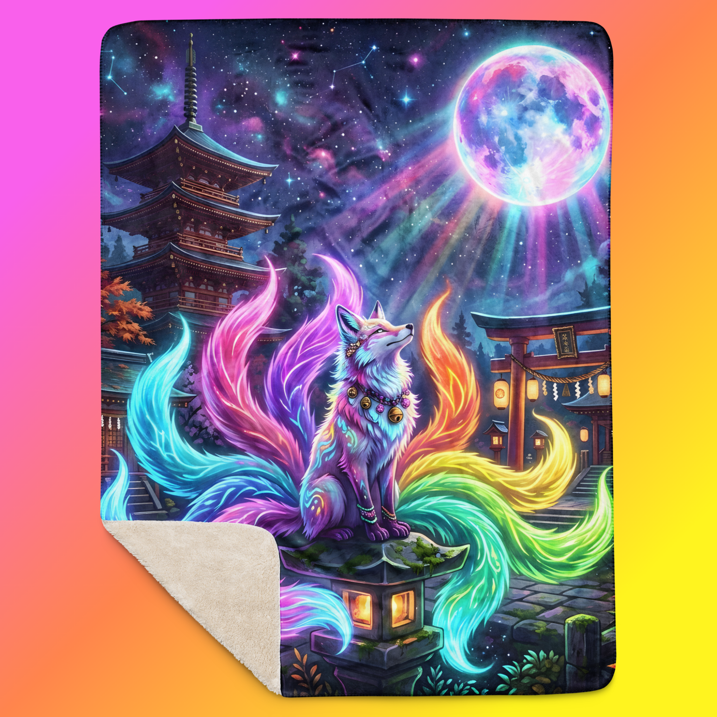 Lunar Kitsune Sherpa Blanket 60x80 product shot — white nine-tailed kitsune with rainbow neon tails seated on stone lantern gazing at glowing full moon with Japanese shrine torii gate and pagoda in starry night sky with tan sherpa backing on deep purple gradient background