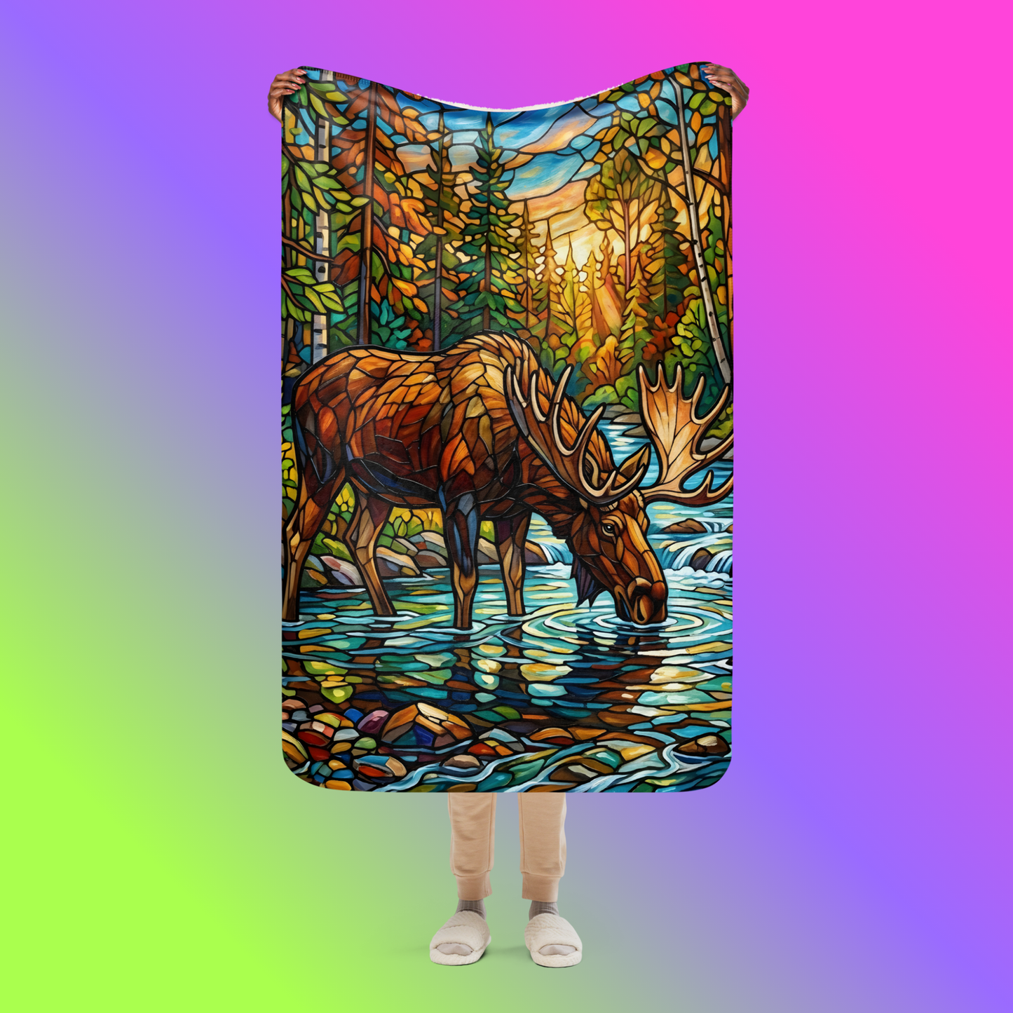 Mosaic Moose Sherpa Blanket product shot — 37x57 blanket held up, showing full stained glass mosaic design of bull moose drinking from forest stream surrounded by autumn birch and pine forest with cream sherpa corner folded against neon pink and green gradient background