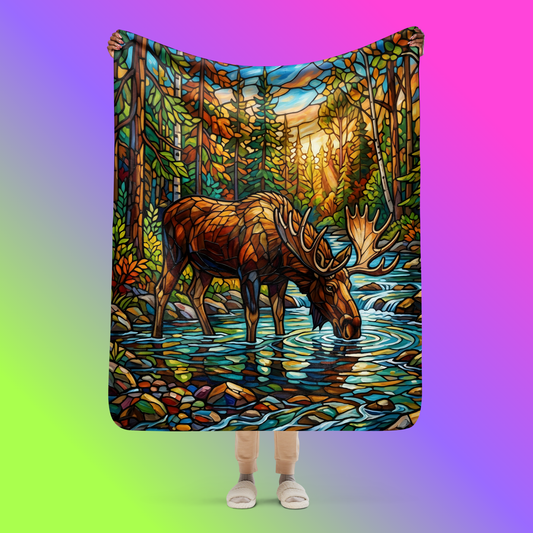 Mosaic Moose Sherpa Blanket product shot — 50x60 blanket held up, showing full stained glass mosaic design of bull moose drinking from forest stream surrounded by autumn birch and pine forest with cream sherpa corner folded against neon pink and green gradient background