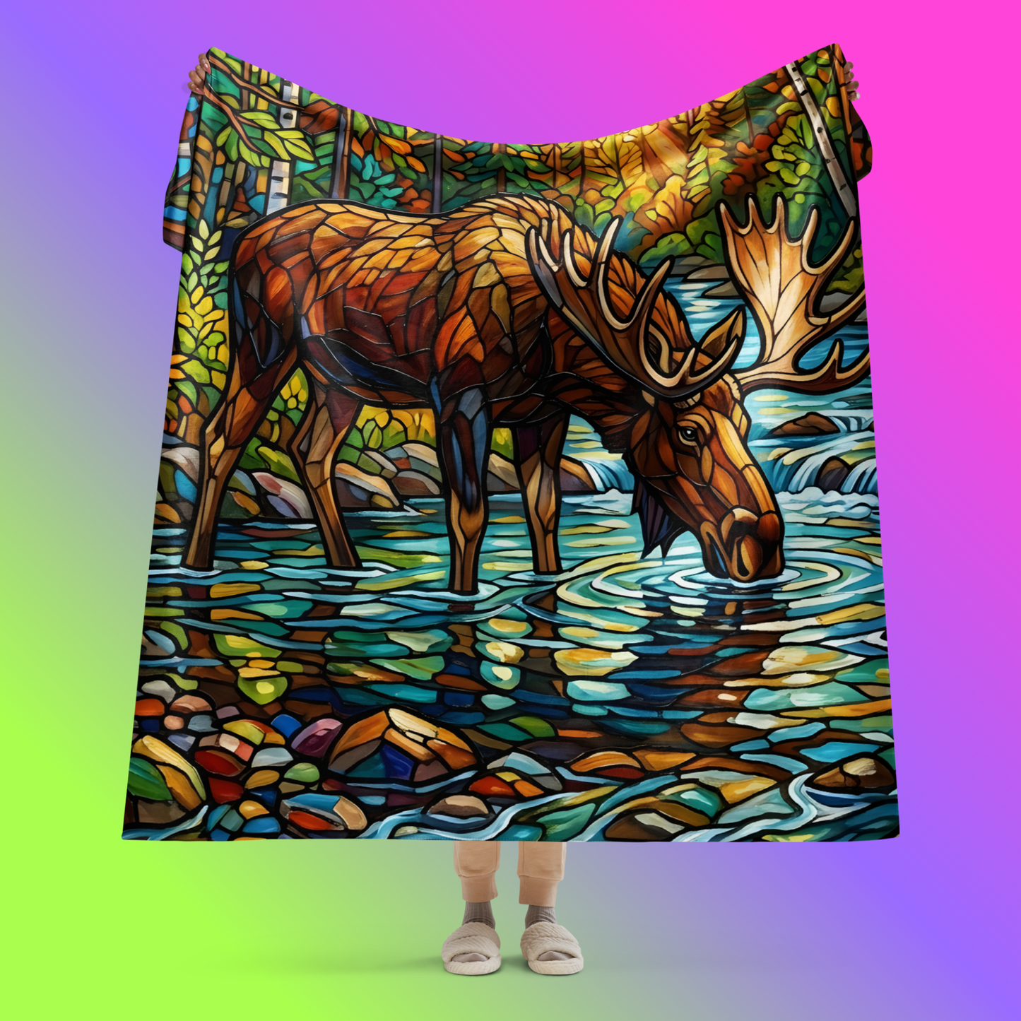 Mosaic Moose Sherpa Blanket product shot — 60x80 blanket held up, showing full stained glass mosaic design of bull moose drinking from forest stream surrounded by autumn birch and pine forest with cream sherpa corner folded against neon pink and green gradient background