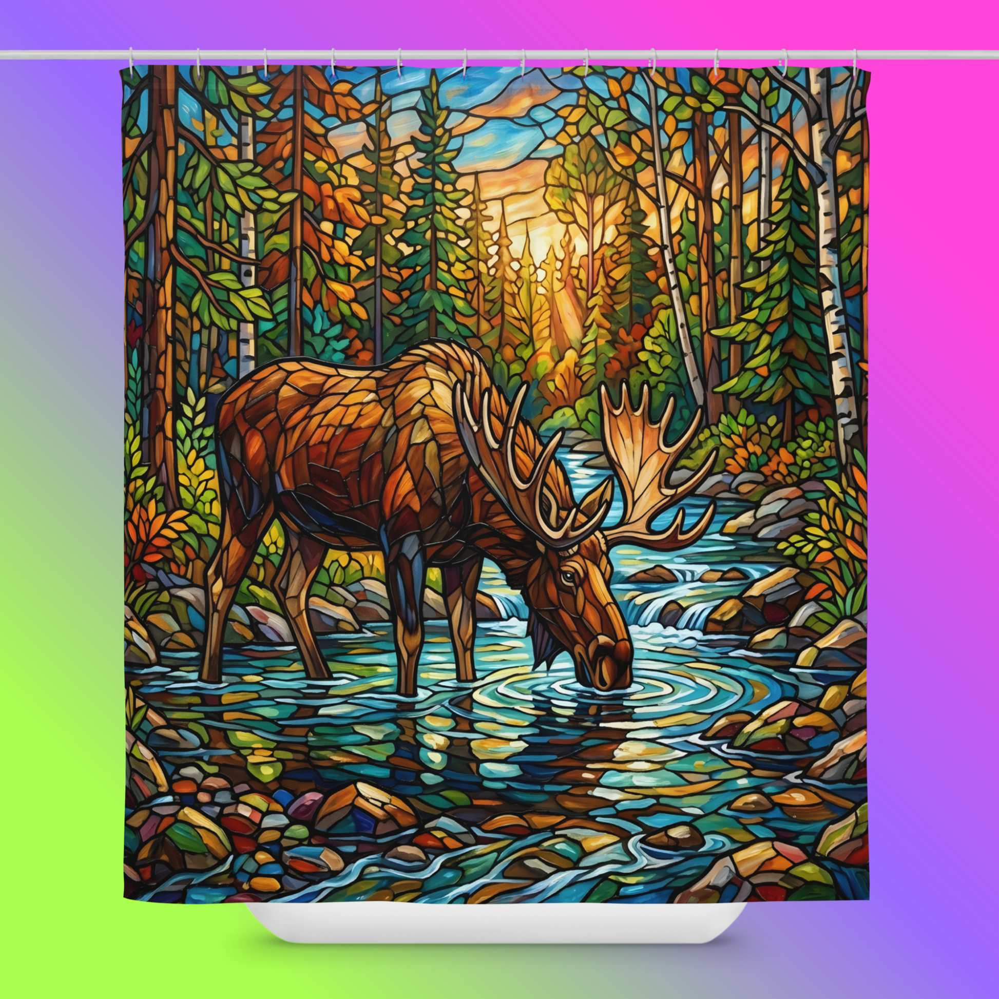 Mosaic Moose Shower Curtain hero product shot — 71x74 white shower curtain hanging on rod showing full stained glass mosaic design of bull moose drinking from forest stream surrounded by autumn birch and pine forest with golden sunset rays against neon pink and green gradient background