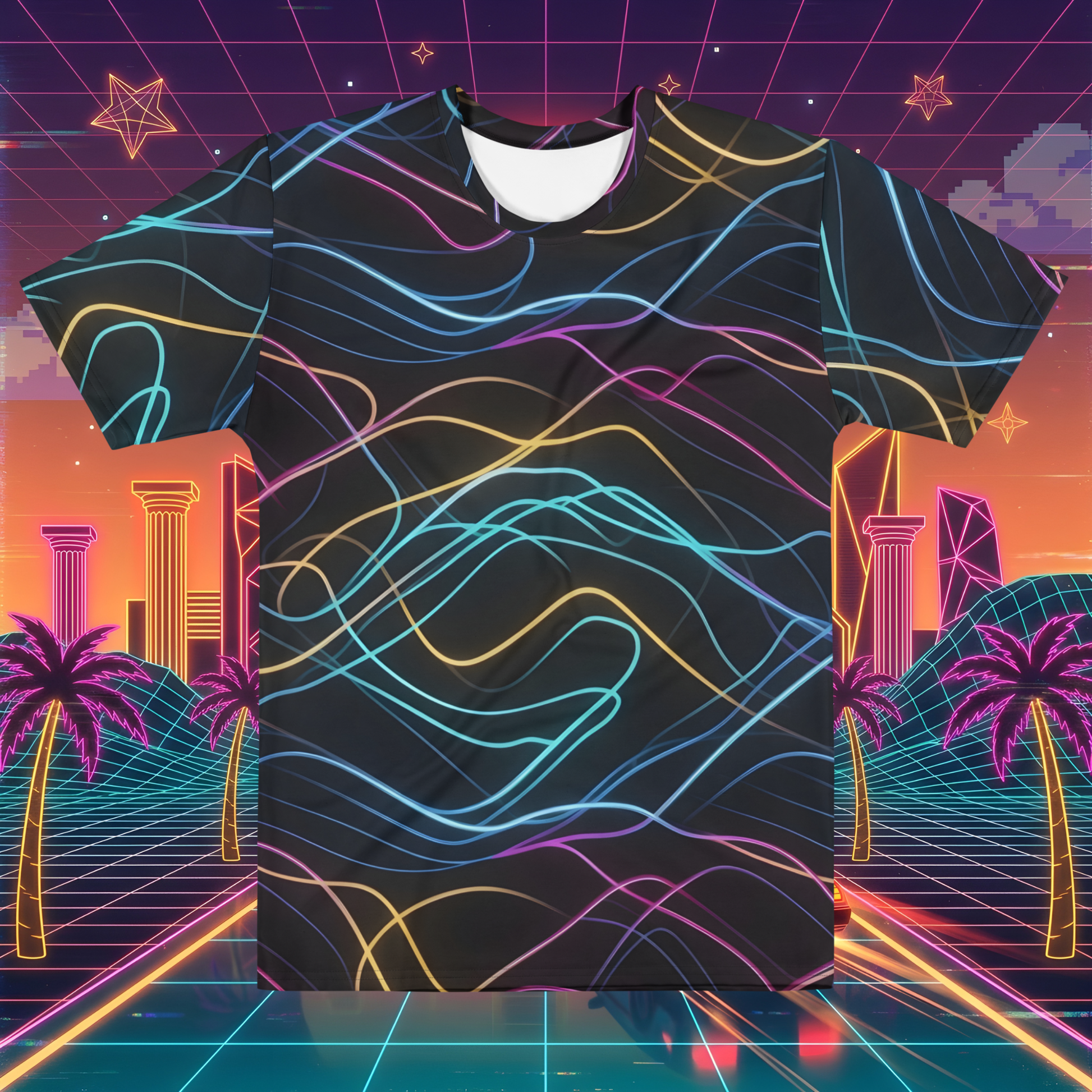 Neon patterned t-shirt with a retro-futuristic cityscape background