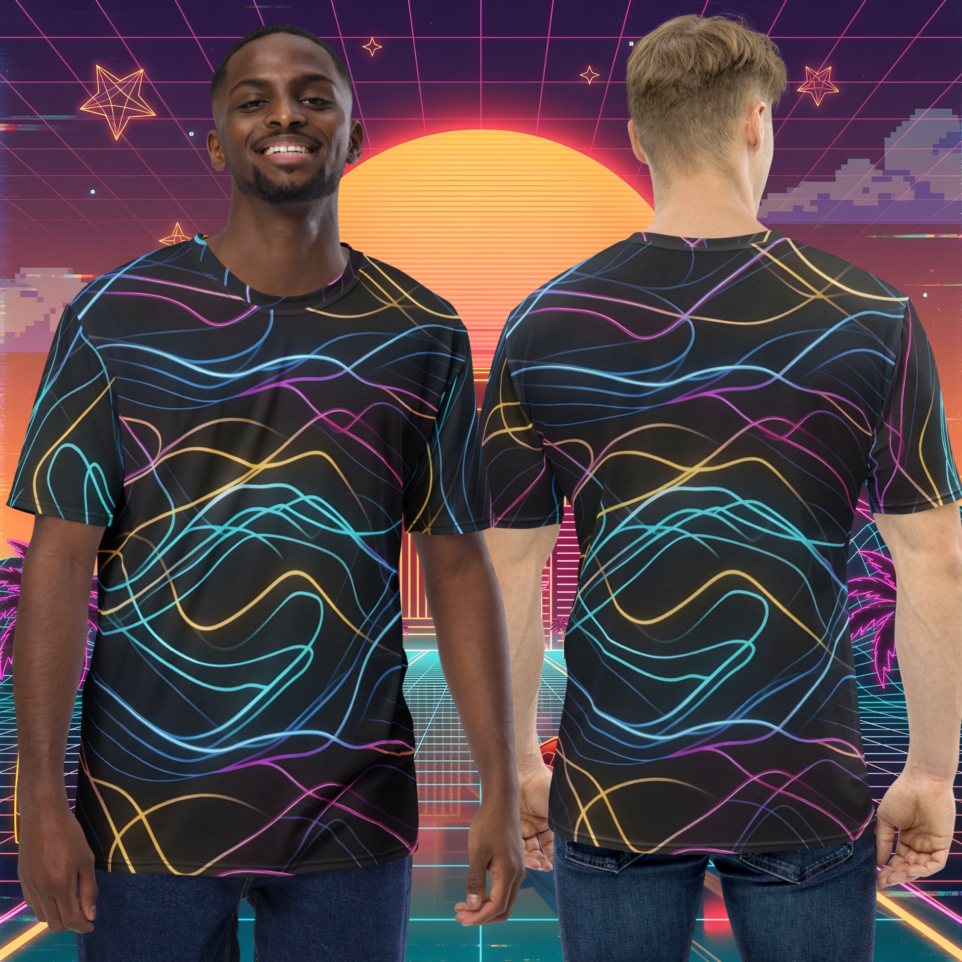 Person wearing a black t-shirt with colorful abstract patterns, shown from front and back, against a retro-futuristic background.