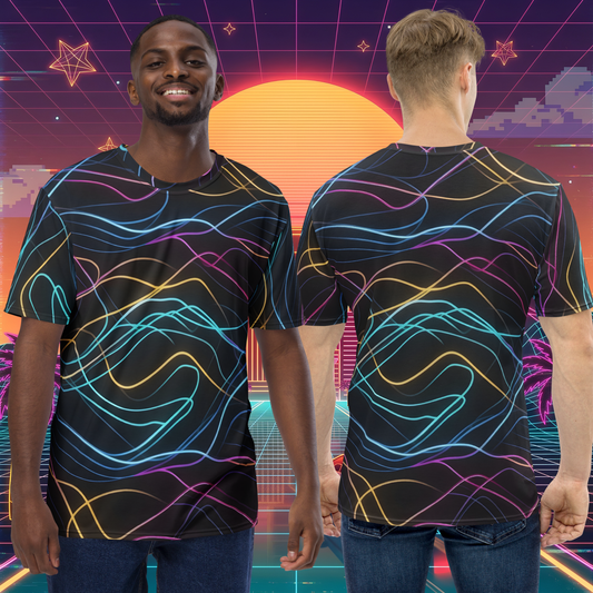 Person wearing a black t-shirt with colorful abstract patterns, shown from front and back, against a retro-futuristic background.