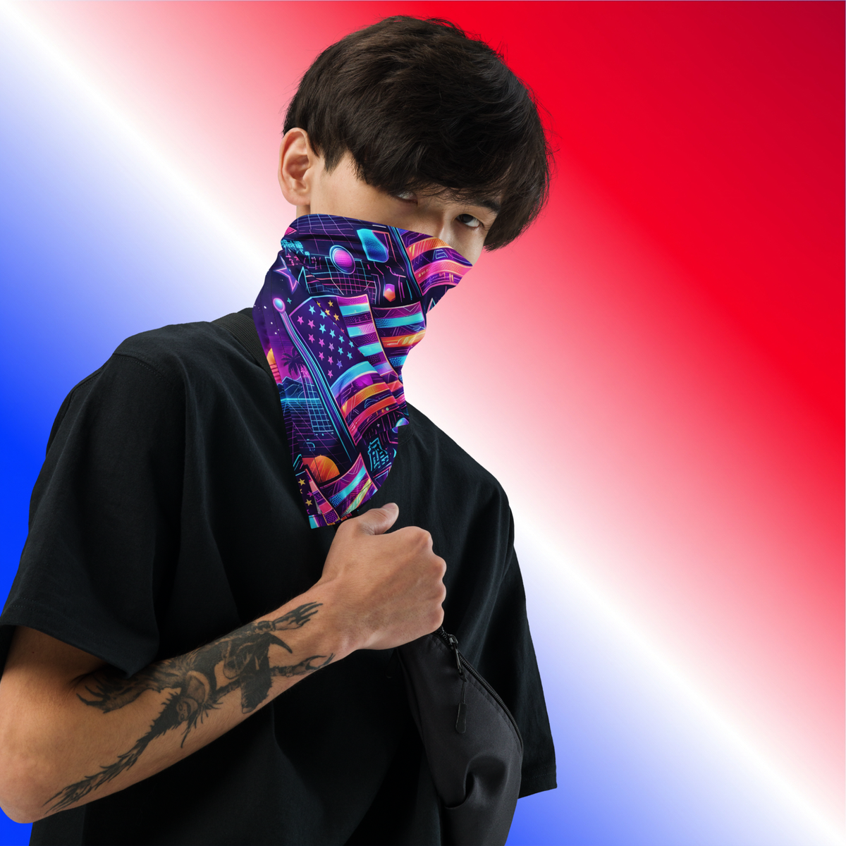Neon Nation Bandana lifestyle shot — Asian male model in black t-shirt wearing neon synthwave American flag bandana as face covering against red white and blue gradient background