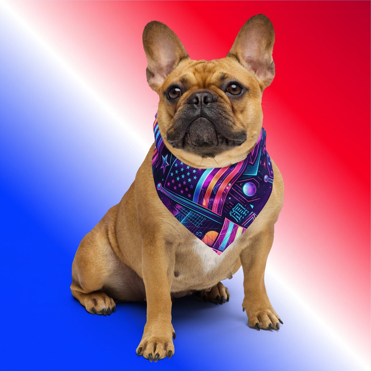 Neon Nation Bandana small dog lifestyle shot — tan French bulldog wearing neon synthwave American flag bandana as neck scarf against red white and blue gradient background
