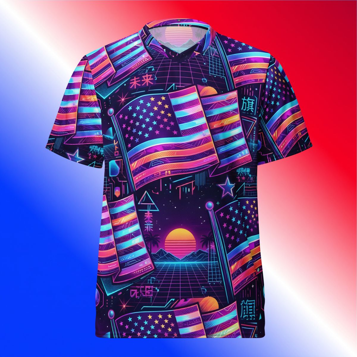 Neon Nation Unisex Sports Jersey product shot — flat ghost mannequin front view showing neon synthwave American flag all-over-print with retro sunset grid and Japanese kanji on red white and blue gradient background