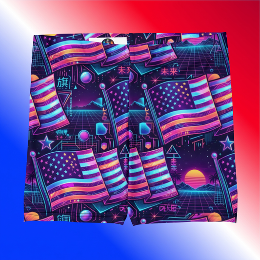 Neon Nation Unisex Shorts product shot — flat lay front view showing neon synthwave American flag all-over-print with retro grid stars and Japanese kanji on red white and blue gradient background