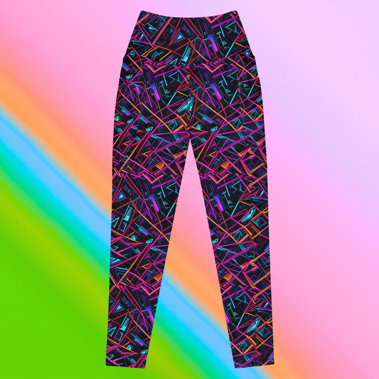 Neon Shatter leggings with pockets hero flat lay — black base with neon pink teal orange and purple shattered geometric all-over print on rainbow gradient background