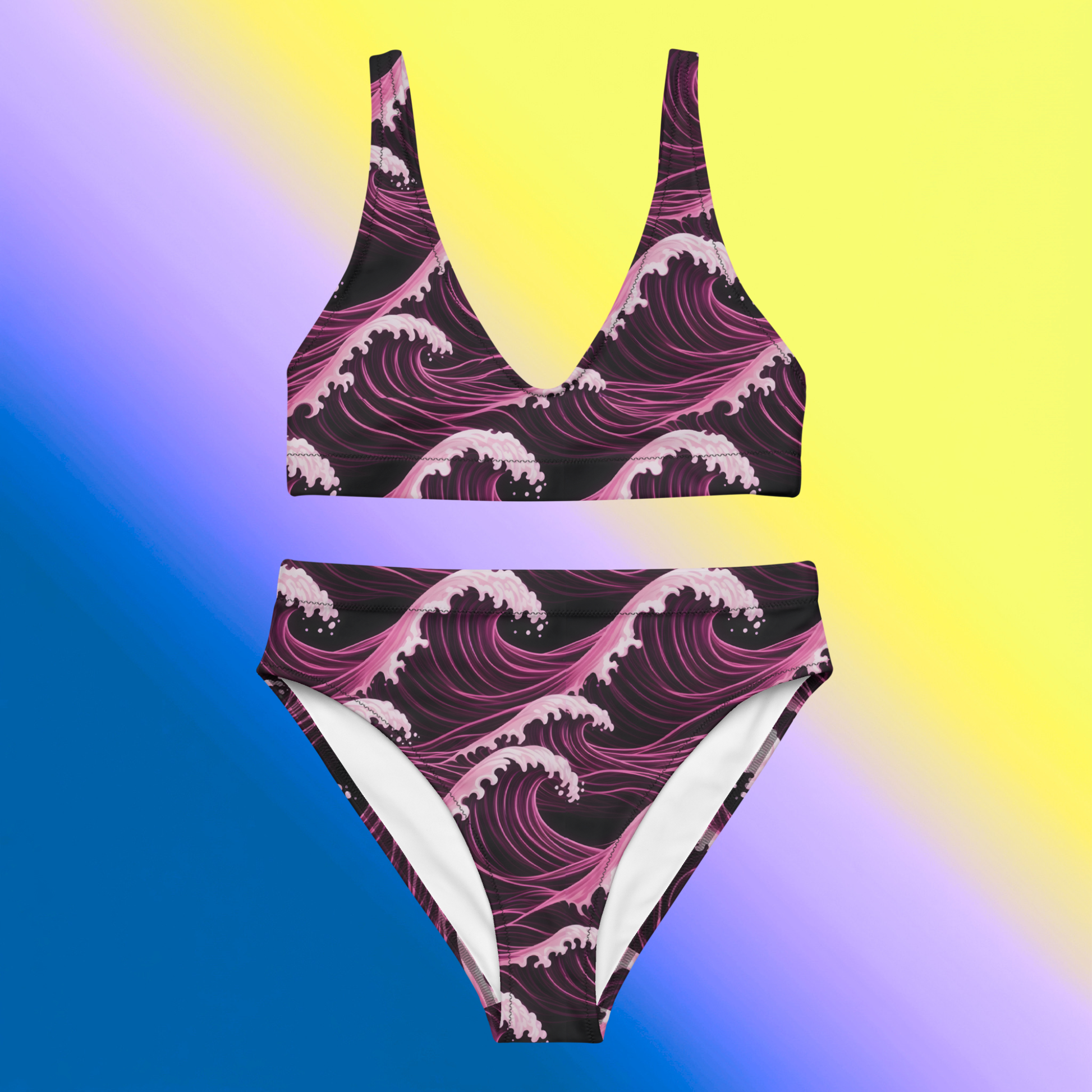 Neon Splash high-waisted bikini hero flat lay — dark plum base with neon pink Japanese wave all-over print on pink to purple gradient background