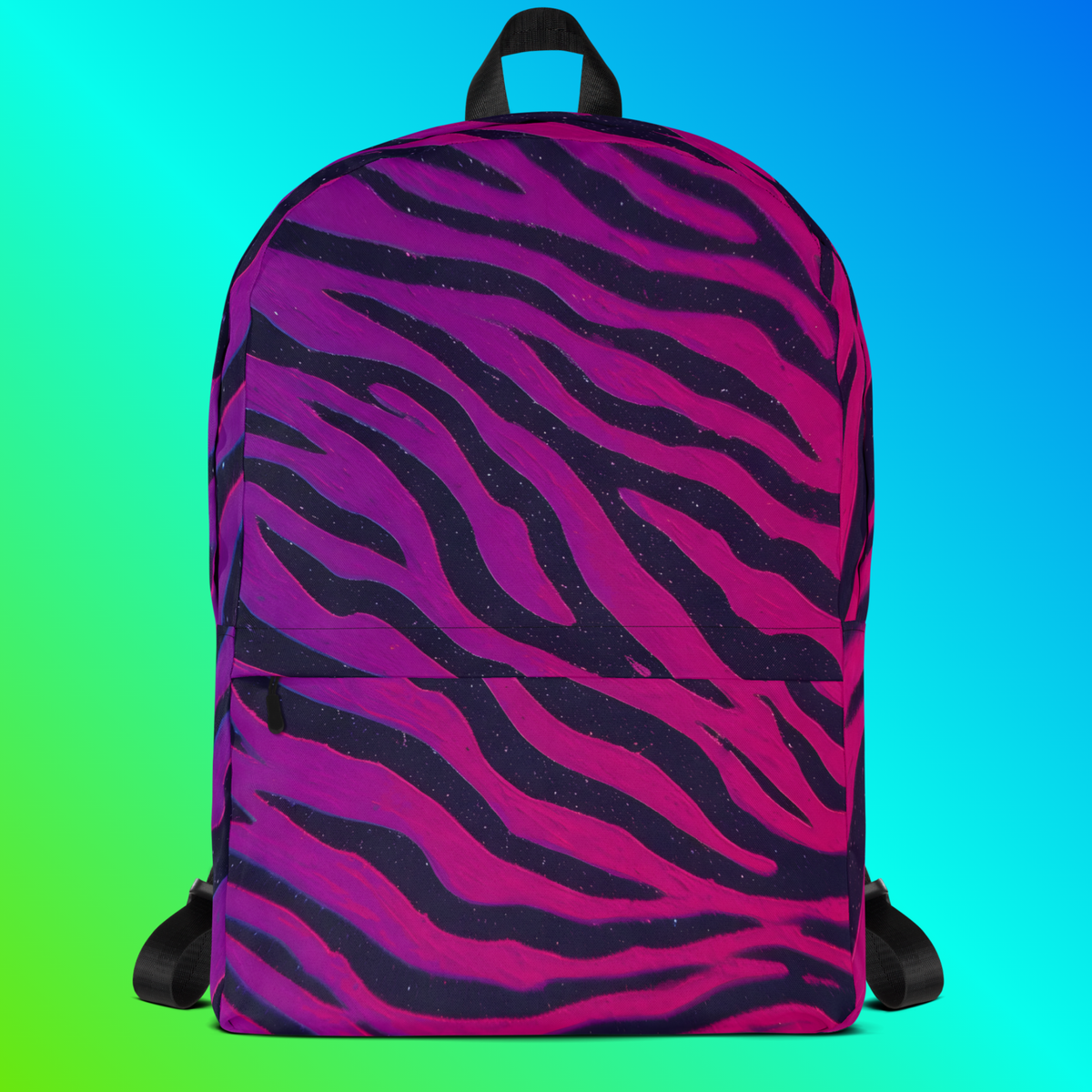 Neon Tiger Stripe backpack hero flat lay — purple to pink gradient tiger stripe all-over print on teal to green gradient background