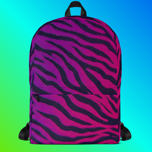 Neon Tiger Stripe backpack hero flat lay — purple to pink gradient tiger stripe all-over print on teal to green gradient background