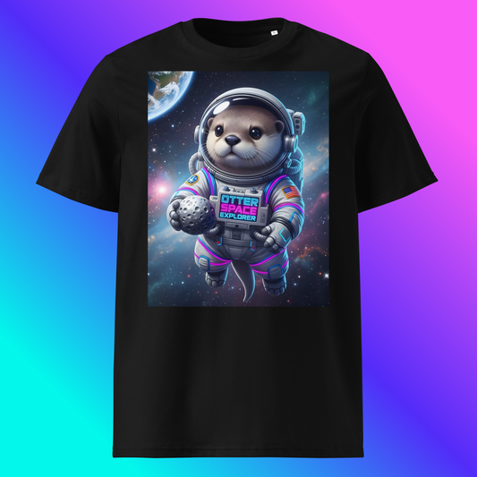 Otter Space Explorer Unisex T-Shirt product shot — black tee with cute otter astronaut in neon-trimmed spacesuit holding moon rock with Earth and galaxy nebula in background on blue-to-pink gradient