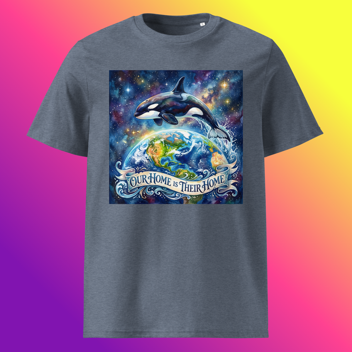 Our Home Is Their Home Unisex T-Shirt product shot — dark heather blue tee with orca whale leaping over glowing Earth globe surrounded by cosmic nebula and stars with Our Home Is Their Home banner on yellow, purple, and violet gradient background