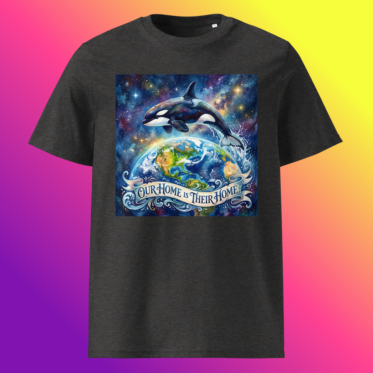 Our Home Is Their Home Unisex T-Shirt product shot — dark heather grey tee with orca whale leaping over glowing Earth globe surrounded by cosmic nebula and stars with Our Home Is Their Home banner on yellow, purple, and violet gradient background