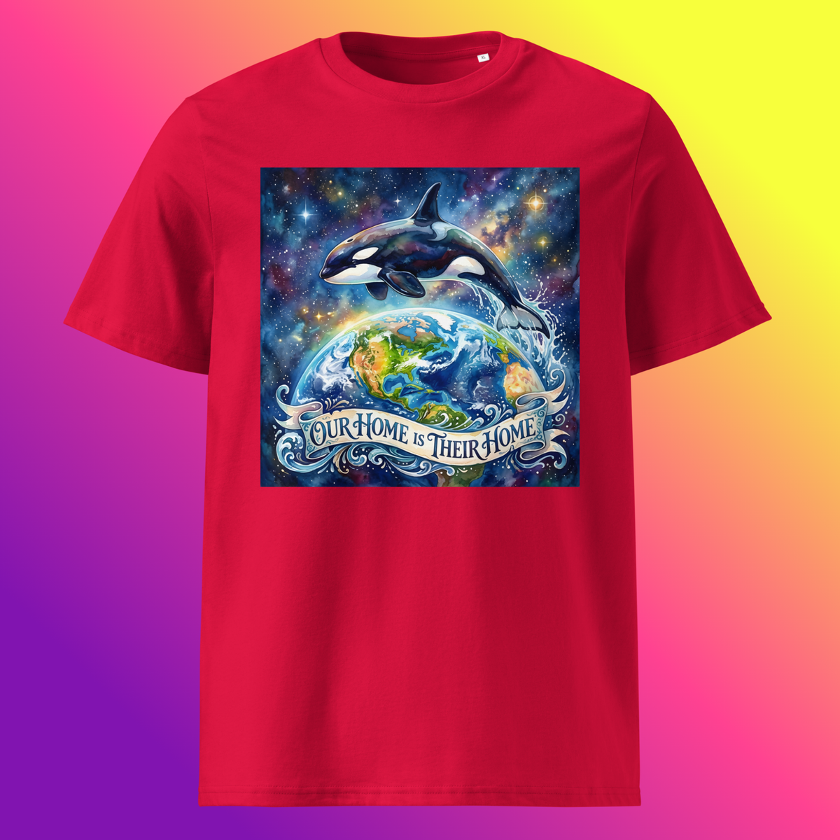 Our Home Is Their Home Unisex T-Shirt product shot — red tee with orca whale leaping over glowing Earth globe surrounded by cosmic nebula and stars with Our Home Is Their Home banner on yellow, purple, and violet gradient background