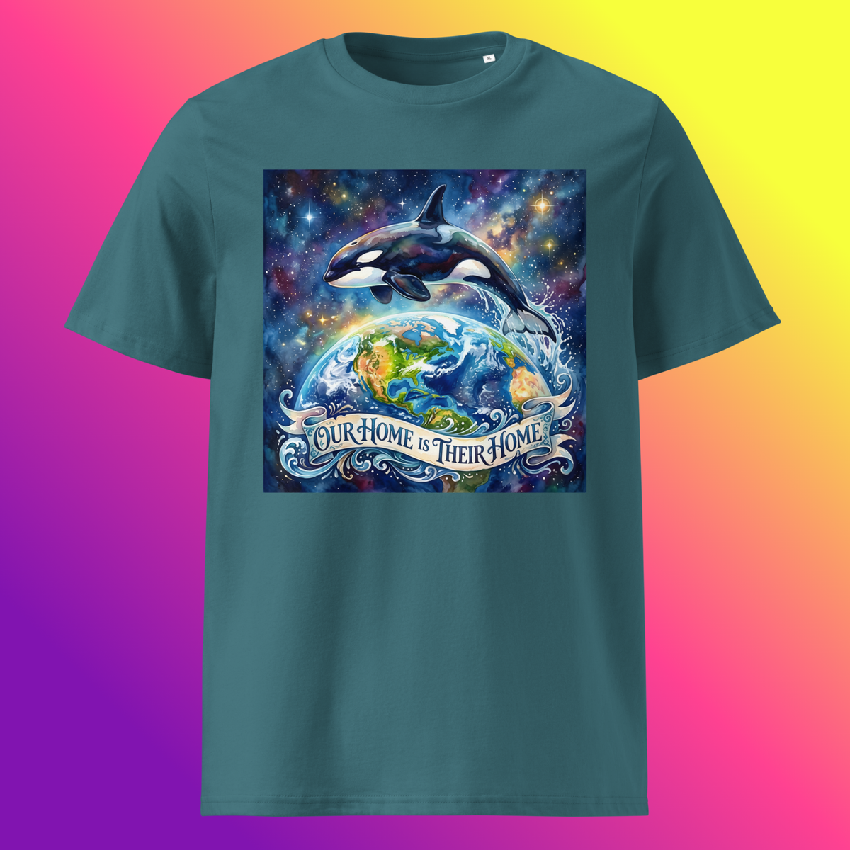 Our Home Is Their Home Unisex T-Shirt product shot — stargazer tee with orca whale leaping over glowing Earth globe surrounded by cosmic nebula and stars with Our Home Is Their Home banner on yellow, purple, and violet gradient background