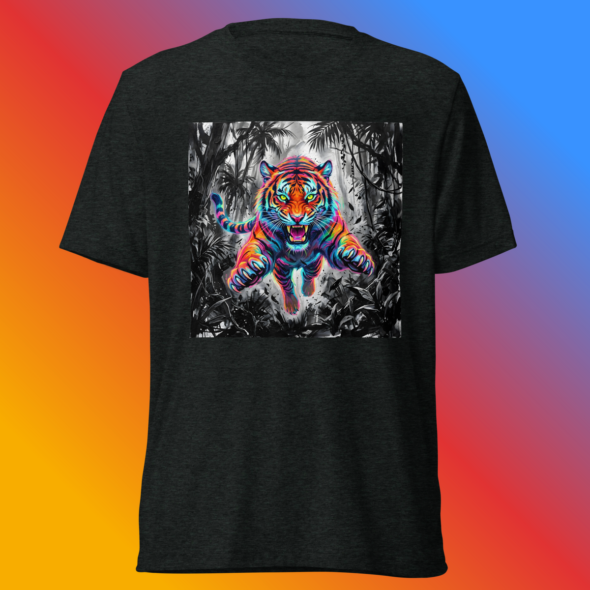 Charcoal-black Prism Prowler T-shirt with a neon tiger leaping through a black-and-white jungle, shown against a colorful gradient background.