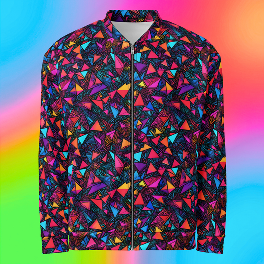 Prism Riot unisex bomber jacket hero flat lay — black base with neon pink orange teal purple and yellow scattered triangle all-over print on rainbow gradient background