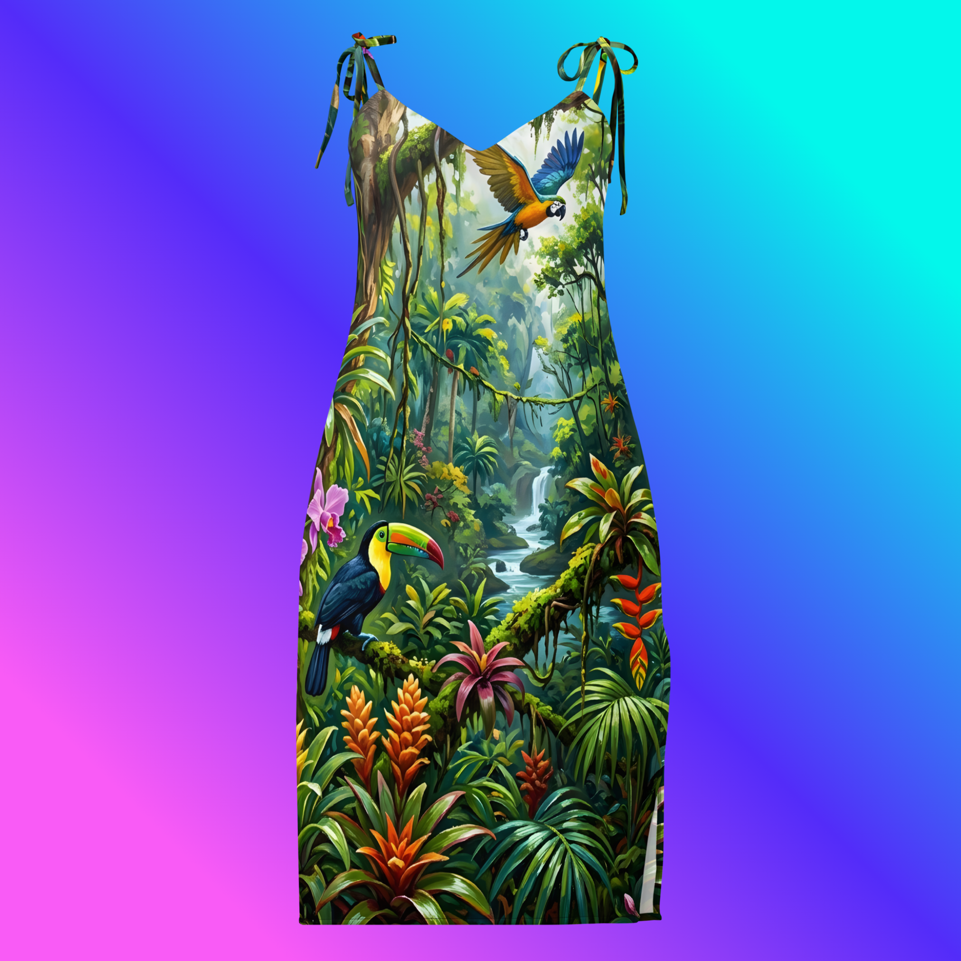 Rainforest Reverie Midi Dress front view showing a lush tropical rainforest scene with a toucan, blue-and-yellow macaw, orchids, bromeliads, and a misty waterfall on a gradient purple-teal background